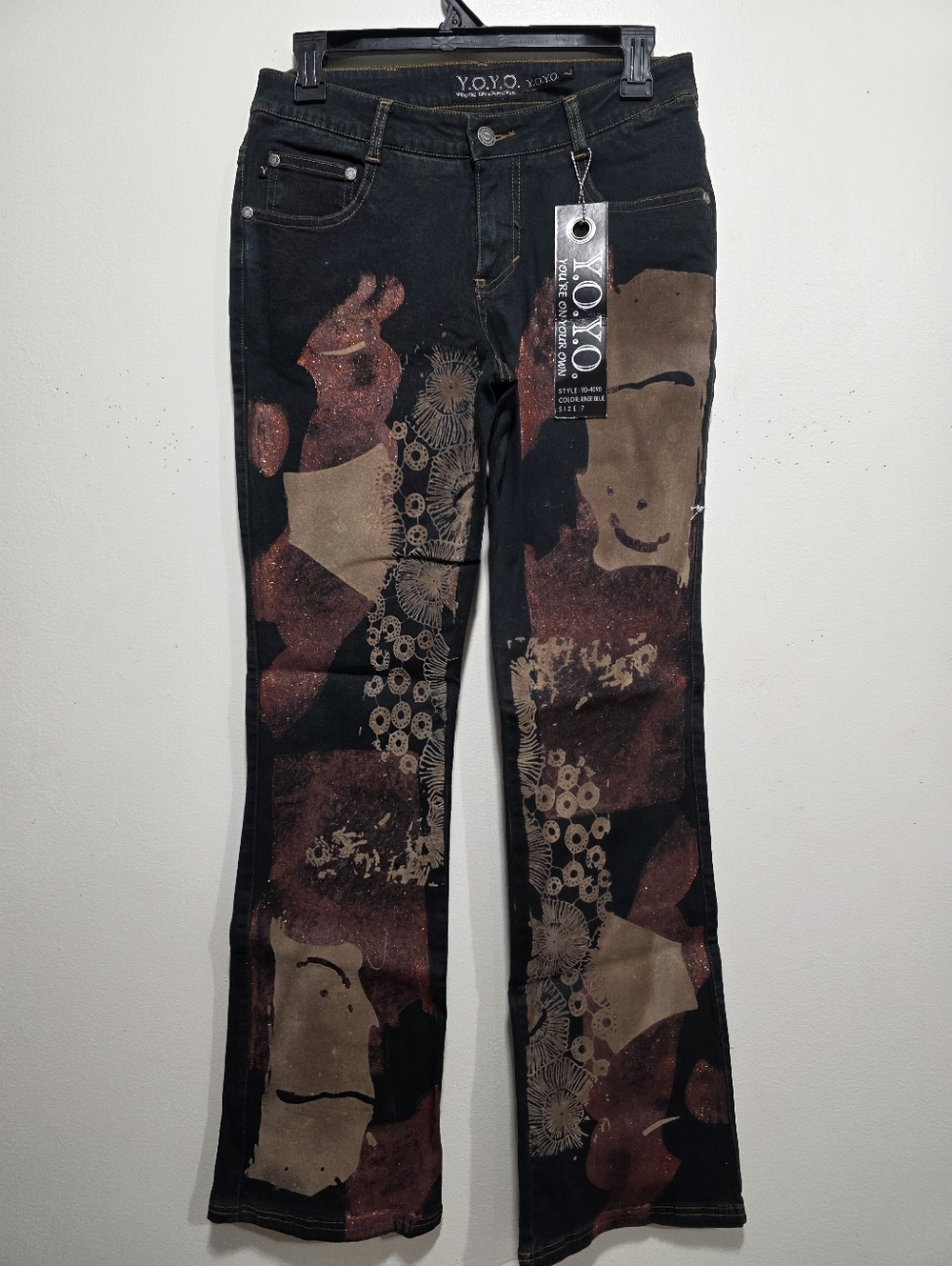 NWT! YOYO Juniors Size 7 Abstract Print Flare Jeans Brown Black Boho Denim - Picture 3 of 6